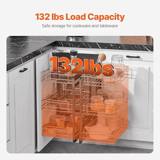 VEVOR 3 Tier 6 Shelf Chrome Carbon Steel Kitchen Cabinet Organizer, Slide Out Storage, Space Saving, Silver, For 15" Width, Food, Jars, Cans, Cookware, Pans, Mugs