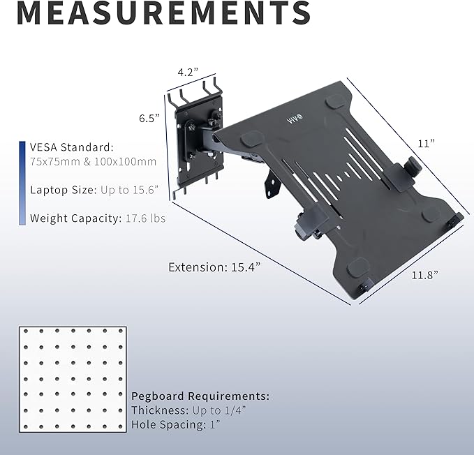 VIVO Pegboard Compatible 10 to 15.6 inch Laptop Mount Holder, Adjustable Notebook Tray, MOUNT-PB2L