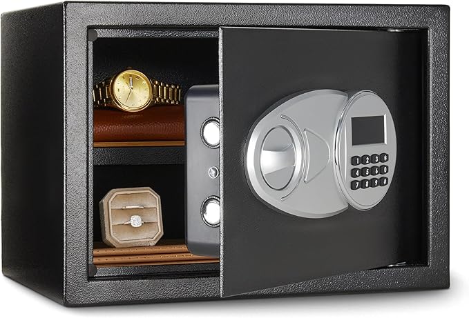 Amazon Basics Steel Security Safe and Lock Box with Electronic Keypad, Secure Documents Storage, Black, 0.5 Cubic Feet, 13.8" W x 9.8" D x 9.8" H, Removable Shelf