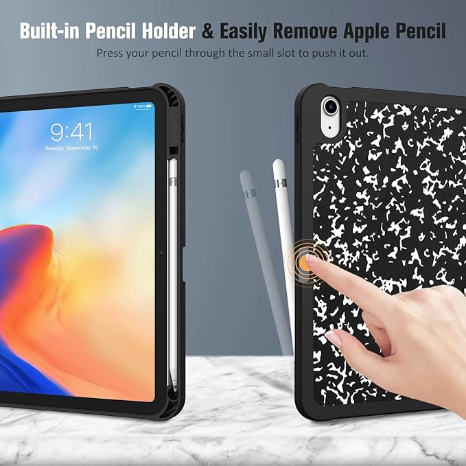 Fintie SlimShell Case for iPad (A16) 11th Generation 11 Inch (2025), iPad 10th Generation 10.9 Inch (2022) - Flexible Soft TPU Stand Back Cover with Pencil Holder, Composition Book Black