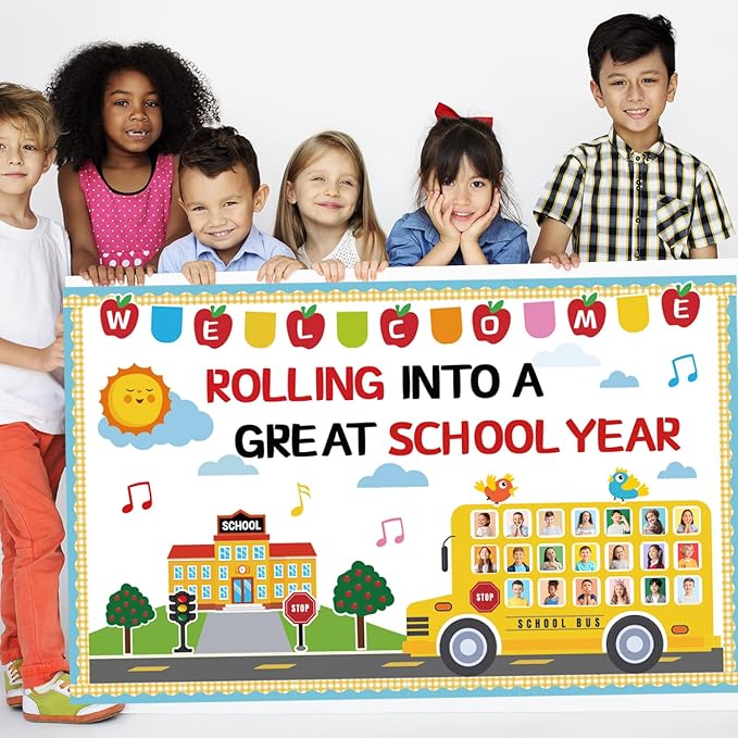 65Pcs Welcome Back to School Bulletin Board Decorations Set, School Bus Cutouts Name Tags with Yellow Border Trims Home Office School Classroom Decorations for Window Wall Door Chalkboard