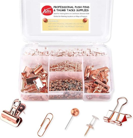 Push Pins Binder Clips Paper Clips Map Tacks Sets, 5 Styles 396 Pcs Rose Gold Pack for Office, School and Home Supplies (Pin and Clips)