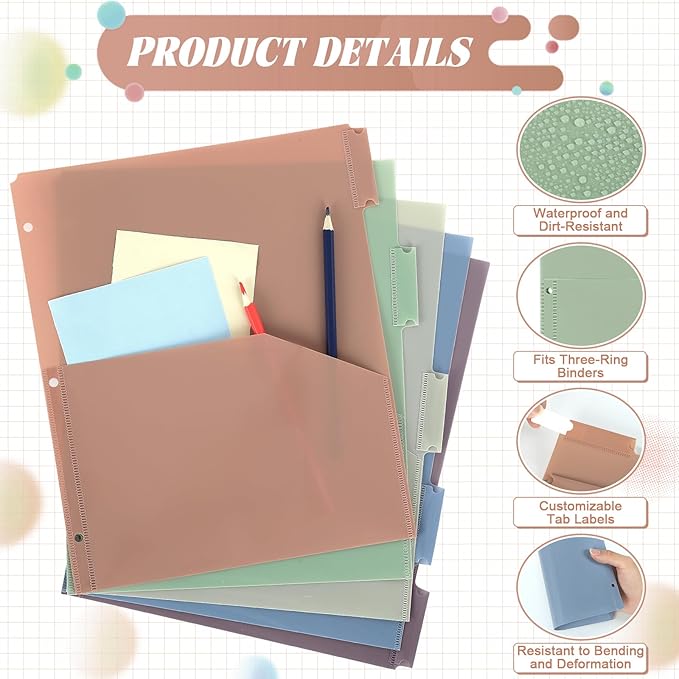 5 Sets 5 Tab Binder Dividers with Pockets for 3 Ring Plastic Binders 8.5 x 11 Inches 3 Hole Punched Page Dividers Sturdy Colorful Dividers for Office School Business Home Organizer (Boho Color)