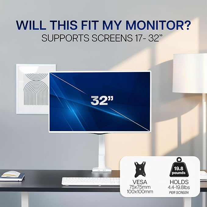 VIVO Single Monitor Stand, Fully Adjustable Arm for 17 to 32 inch Screen, Mechanical Articulating Desk Mount, Gaming and Office Setups, VESA 75x75, 100x100, Max 19.8 lbs, Classic, White, STAND-V001OW