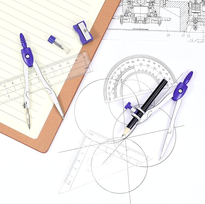 Math Geometry Kit Sets 10 Piece Student Supplies with Shatterproof Storage Box,Includes Rulers,Protractor,Compass,Eraser,Pencil Sharpener,Lead Refills,Pencil,for Drafting and Drawings（Purple）