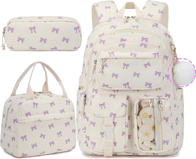 Corduroy Bow Backpack for Girls Teens School Bookbag with Lunch Box Pencil Case Laptop Sleeve Elementary Middle School Bag, Bow Tie-Purple