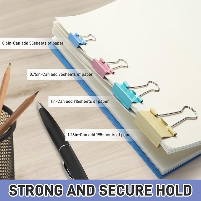 180 Pack Colored Binder Clips Bulk, 4 Size Assortment Includes Large, Medium, Small, Mini Metal Clips (1.26”, 1”, 0.75”, 0.6”), Heavy-Duty Metal Paper Clamps for Office & School Supplies