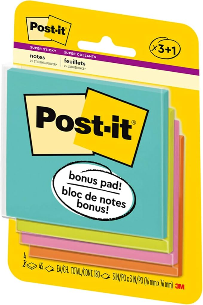 Post-it Super Sticky Notes, 3x3 in, 4 Pads, 2X The Sticking Power, Miami Collection, Neon Colors (Orange, Pink, Blue, Green), Recyclable(3321-SSAN-B)