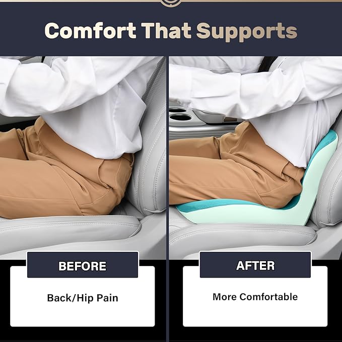 Coverado Car Seat Cushion and Lumbar Support Pillow One Piece, Memory Foam Ergonomic Back Support Driving Seat Cushion for Back Pain, Non-Slip Washable Cushion for Car, Driver, Office