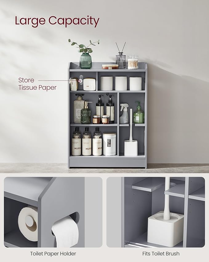 VASAGLE Narrow Storage Cabinet, Slim Floor Cabinet with Sliding Doors, Toilet Paper Holder and Brush Compartment, for Bathroom and Living Room, 7.9 x 23.6 x 31.5 Inches, Dove Gray UBBC752G02