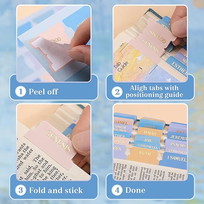 Bible Tabs, 66 Gold Foil Pre-Printed Chapter Labels + 39 Blank Impression Sunrise Theme Laminated Index Tabs with Alignment Ruler, Bible Journaling Study Supplies for Women & Men, Bible Accessories