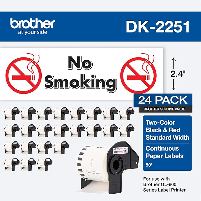 Brother Genuine DK-225124PK Continuous Length Replacement Labels, Black/Red Label on White Paper Tape, Engineered with Excellence, 2.4” x 50 feet, (24) Rolls per Box (DK225124PK)