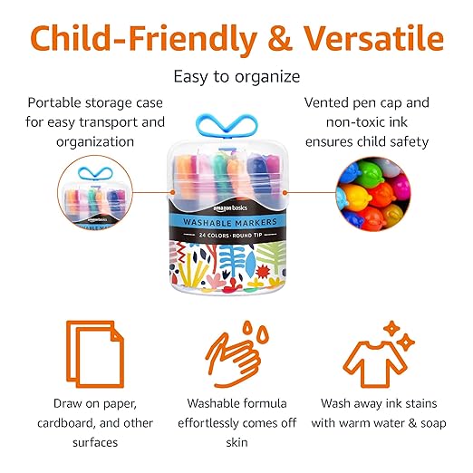 Amazon Basics Washable Markers for Kids, Round Tip Assorted Colors, Non-Toxic Drawing and Coloring School Supplies, Arts & Crafts, Pack of 24