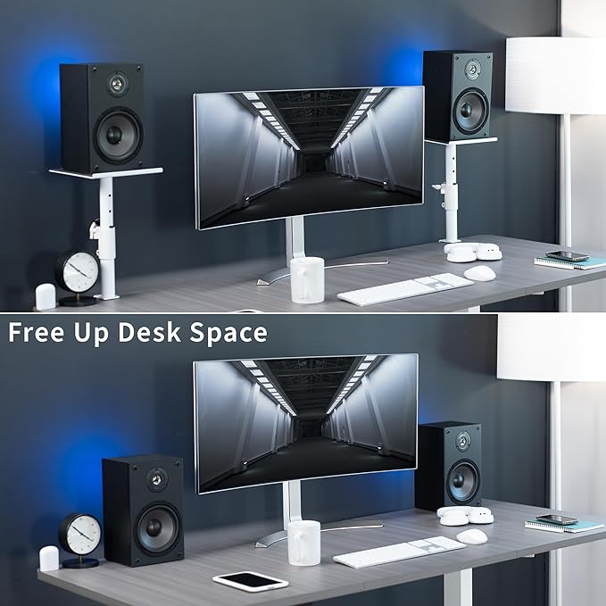 VIVO Clamp-on Speaker Stand Desk Mount Set, 10 x 9 inch Trays, Height Adjustment and Tilt, Universal Audio Holders for Computer and Bookshelf Speakers, Elevated Sound, 2 Pack, White, MOUNT-SP01CW