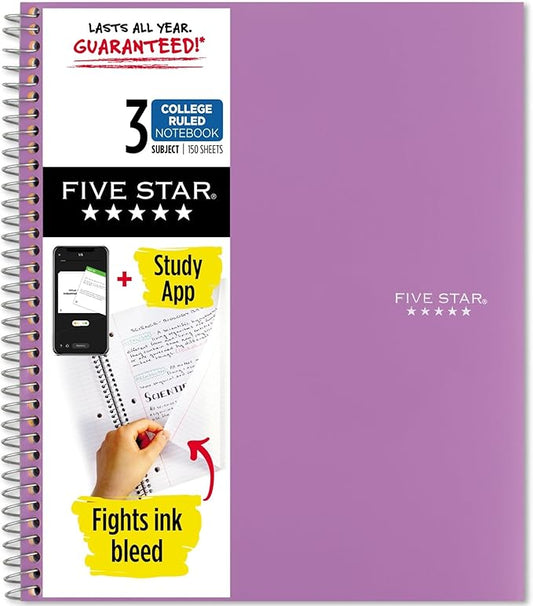 Five Star Spiral Notebook + Study App, 3 Subject, College Ruled Paper, 8-1/2" x 11", 150 Sheets, Fights Ink Bleed, Water Resistant Cover, Amethyst Purple (38746)