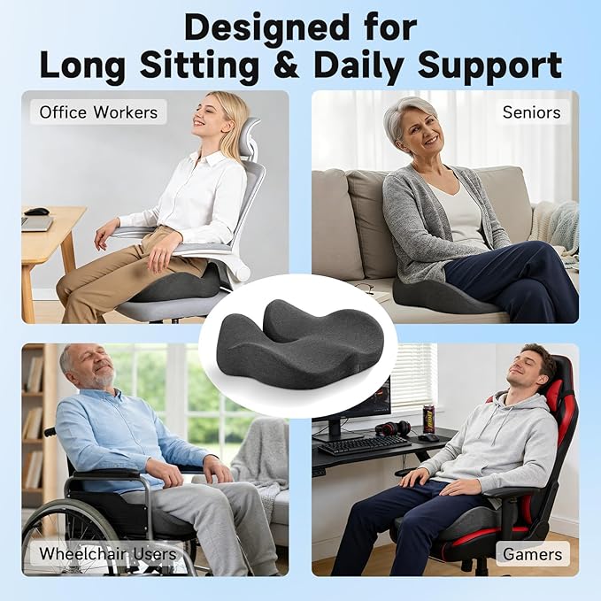 Ergonomic Seat Cushion for Office Chair, Large U-Shaped Memory Foam Chair Cushion for Tailbone, Coccyx, Hip & Lower Back Pressure Relief, Comfortable Desk Chair Pad for Office, Gaming & Long Sitting