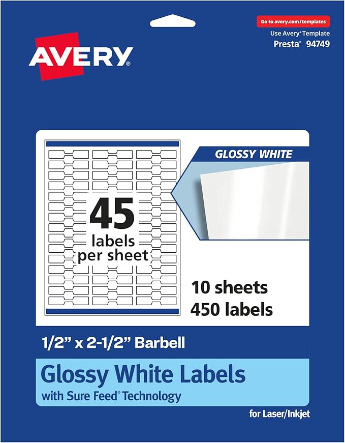 Avery Glossy White Barbell Labels, Sure Feed Technology, 0.5" x 2.5", 450 Glossy White Labels, Permanent Adhesive, Laser/Inkjet Printable