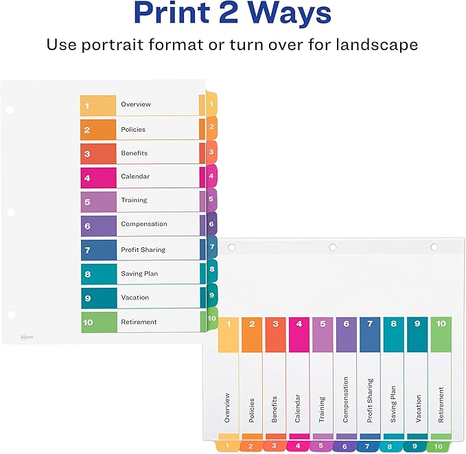 Avery Dividers for 3 Ring Binders, 10 Tabs per Set, Customizable Table of Contents, Multicolor Tabs, Great for Organizing Reports, Projects, and More (11135)