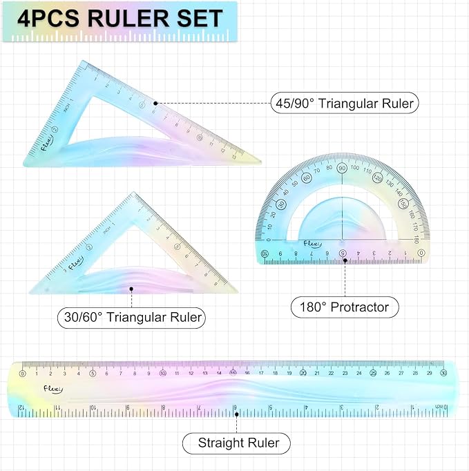 HARFINGTON 4pcs Triangular Ruler Set 30cm Plastic Flexible Straight Metric Soft Bendable Ruler Geometric Protractor Triangle Rulers for Home Office