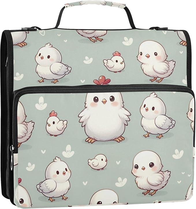 Cute Animal Chicken Farm Zipper Binder Bag 3 Ring Binder with Shoulder Strap Zip Up 500 Sheets Capacity Multi Pockets for School Office Supplies