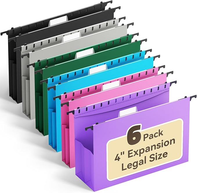 Ansook Legal Size Hanging File Folders Extra Capacity,Heavy Duty 4" Expandable File Cabniet Folder with 1/5 Tabs,6 Pack Plastic Hanging Folders,Hanging File Organizer for File Frame Box