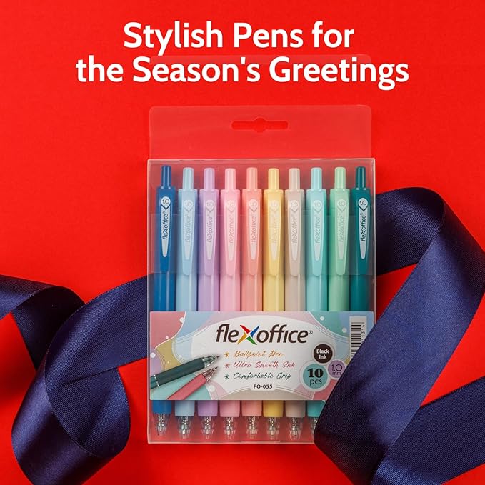 10-Count Black Ink Retractable Ballpoint Pens, Includes Xmas Greeting Card&Sticker, Medium Point 1.0mm, Pastel Color Barrels|Christmas Gifts for Coworkers, Teachers, Friends