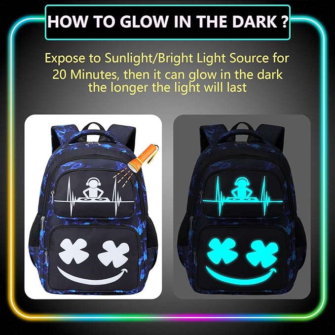 Boys Backpack with Lunch Box Glow in Dark Bookbag Kids Ages 4-12 Kindergarten Elementary School Spider Backpack, Luminous Face Blue