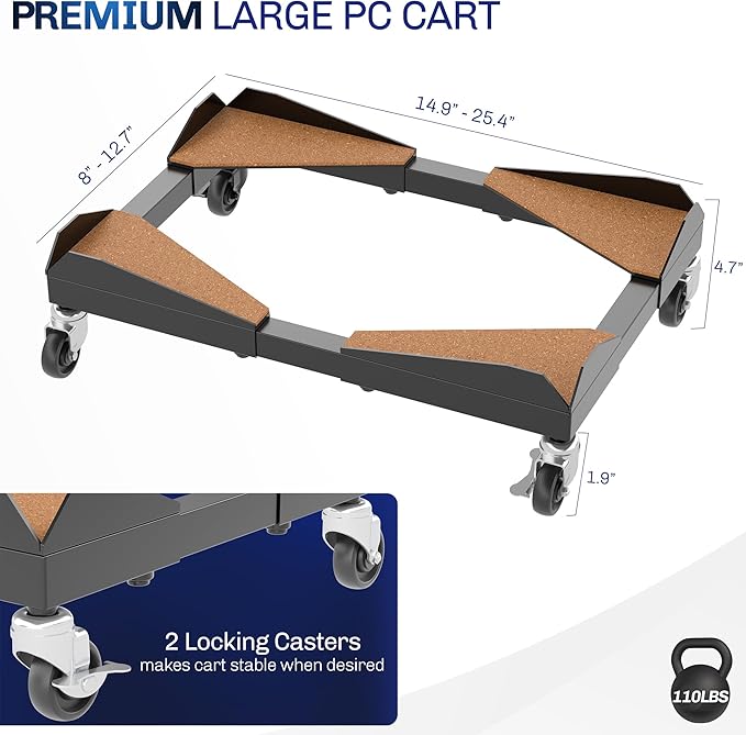 VIVO Premium Large Steel PC Cart, Rolling CPU Trolley, Adjustable Mobile Computer Stand Holder with Locking Wheels, Fits Most Gaming PCs up to 25 x 12 inches, Under Desk, Black, CART-PC03D
