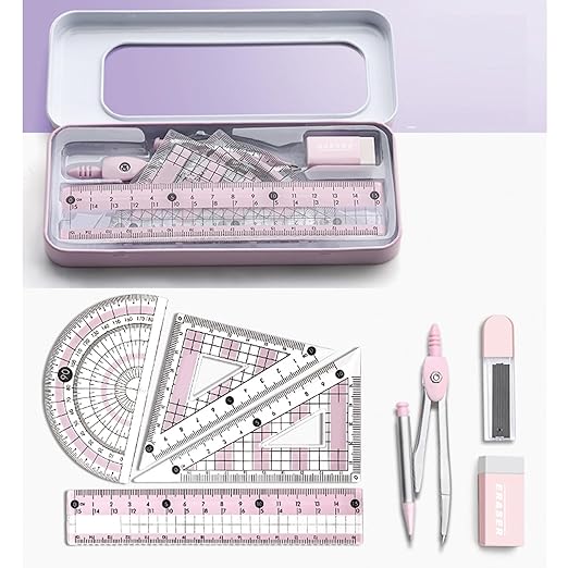 8 Pcs Pink Geometry Set Cute Compass Set with Maths Protractor Rulers, Math Set for Drawing Measuring Tools, Kawaii Ruler Kit for Class Women Girls School Supplies (Pink)