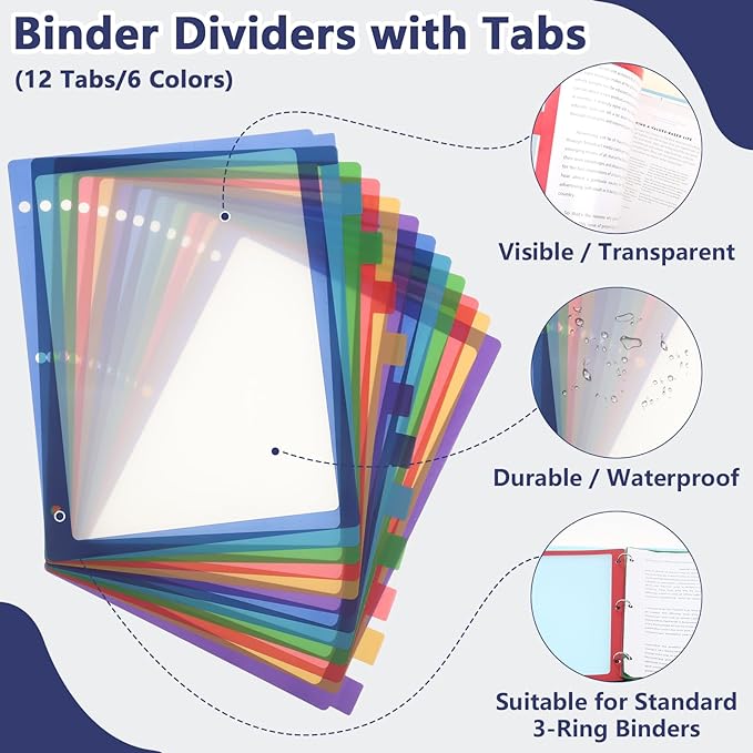 36 Pcs/3 Set 12 Tabs Binder Dividers with Colored Tabs, Clear Tab Notebook Divider Page Binder File Dividers, Letter Size