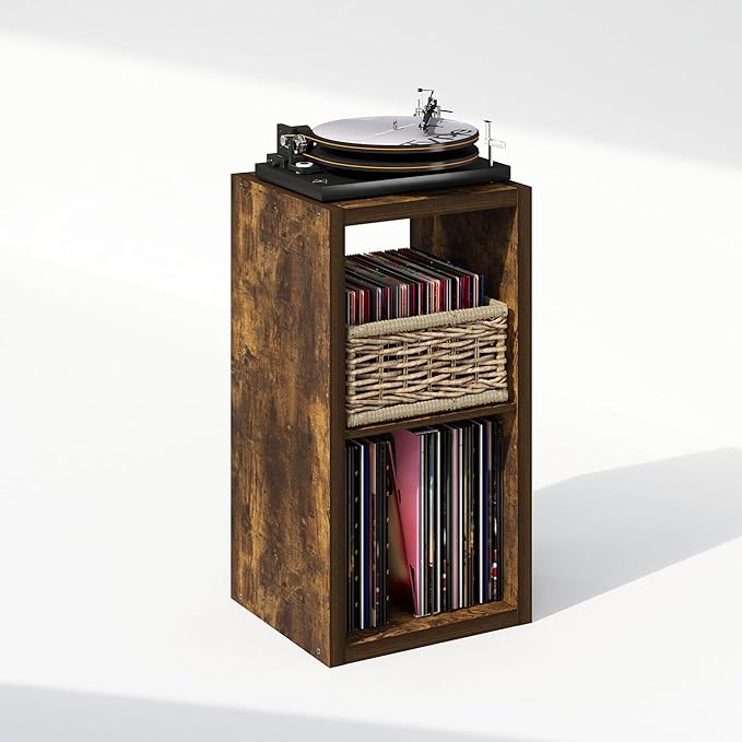 Furinno Cubicle Record Player Stand with Vinyl Storage, 2-Cube 1.2 Extra Thick Vinyl Record Storage, Open Back Media Shelf for CD DVD Blueray Game Disc, for Living Room, Home Office, Amber Pine