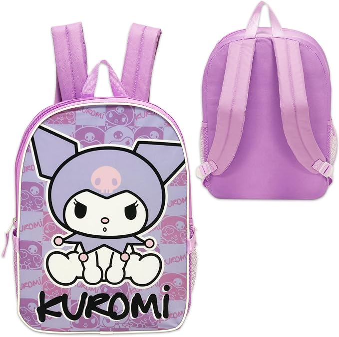Kuromi Backpack and Lunch Bag Set - Bundle with 16” Sanrio School Backpack, Lunch Box, Water Bottle, Tattoos, More | Kuromi School Bag for Girls, Kids