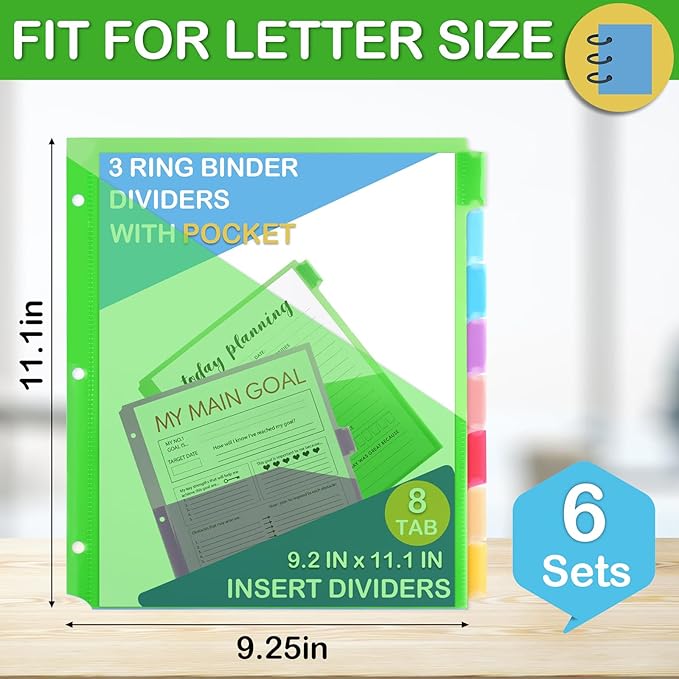 48 Count Binder Dividers with Pockets, 8 Tab Plastic Dividers for 3 Ring Binders School Office Document Indexing and Protection, Multicolor, 6 Sets