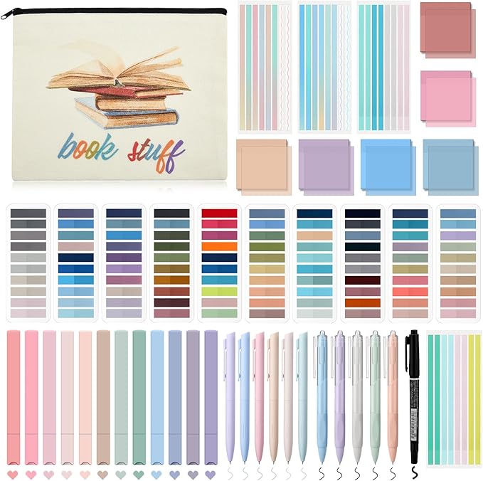 Book Annotation Kit, Aesthetic Bible Study Journaling Kit, 2640 Pcs Sticky Tabs, 300 Sticky Notes, 11 Gel Ink Pen, 12 Highlighter Marker, Pencil Case Pouch for Book Lover(Square)