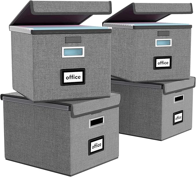 Huolewa File Organizer Box with Lid, Collapsible File Folder Organizer for Office Document Storage, Filing Box with Plastic Slide for Letter/Legal Size Hanging Files, Dark Grey