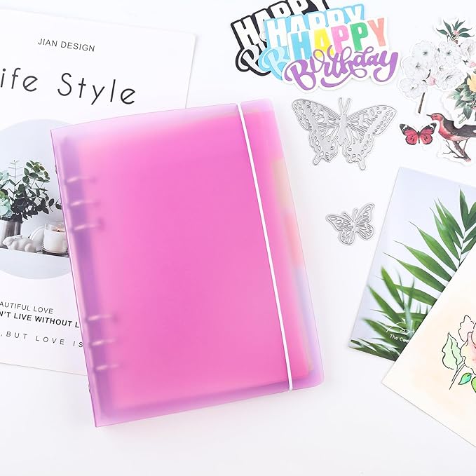 BAOFALI 2Pcs/Set A5 6 Ring Binder Cover Clean Transparent Soft PVC for Refillable Notebook Shell withMatte surfaceforStamp & Die Storage (Purple)