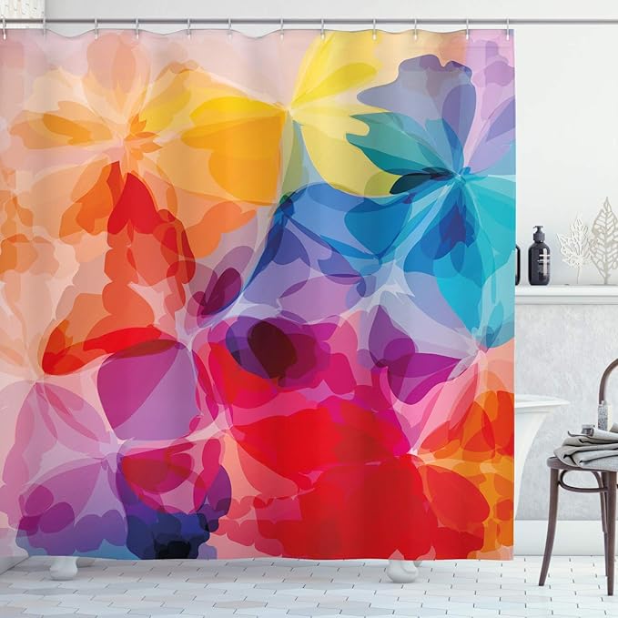 Ambesonne Floral Shower Curtain, Vibrant Colors Abstract Creative Watercolor Style Flower Pattern Design, Cloth Fabric Bathroom Decor Set with Hooks, 69" W x 75" L, Multicolor Vermilion Apricot