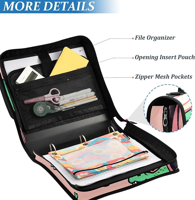 3 Ring Zipper Binder with Shoulder Strap Alligator Crocodiles Pink 1.5 inch Binders Keeper Large Capacity Multi Pockets for School Office Supplies