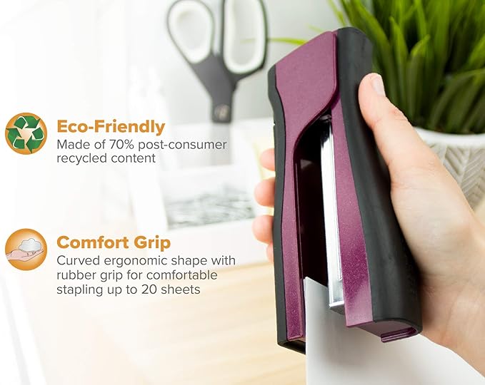 Bostitch Office Dynamo 4 in 1 Standup Stapler, Includes 420 Staples, 20 Sheet Capacity, Integrated Pencil Sharpener, Staple Remover & Staple Storage, Magenta