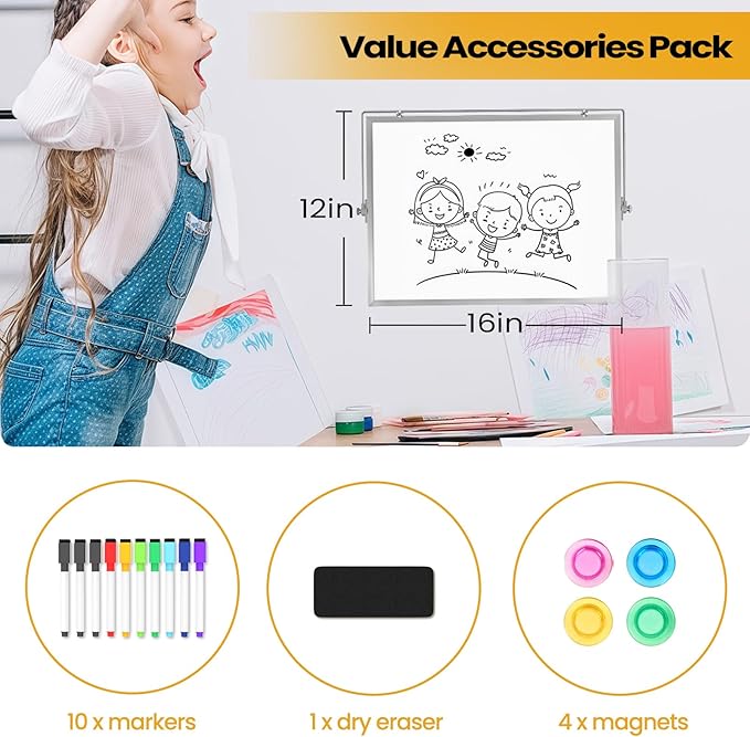 Desktop Whiteboard with Stand, 16" x 12" Double-Sided Dry Erase Board with Stand, Portable Stand White Board for Office, Home, School