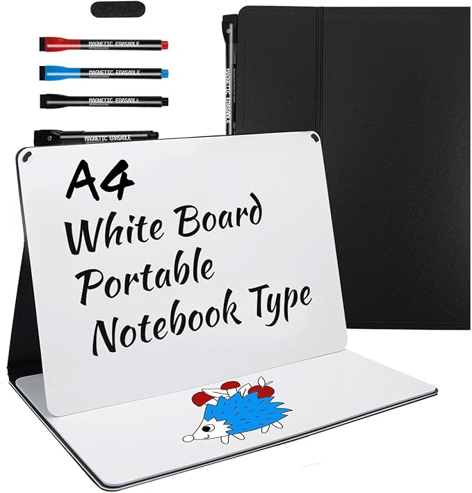 Portable White Board Small Dry Erase Board, 9" x 12" Double Sided Foldable whiteboard with 3 Pens, A4 Reusable Notebook with Storage Mesh Bag for Study, Meeting, Draft, Notes, Doodling