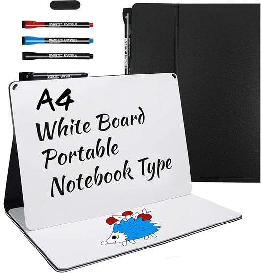 Portable White Board Small Dry Erase Board, 9" x 12" Double Sided Foldable whiteboard with 3 Pens, A4 Reusable Notebook with Storage Mesh Bag for Study, Meeting, Draft, Notes, Doodling