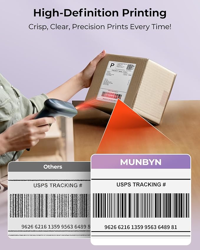 MUNBYN 130B Bluetooth Thermal Label Printer+2.25"x1.25" Pink Thermal Labels+Label Holder for Rolls and Fanfold Labels