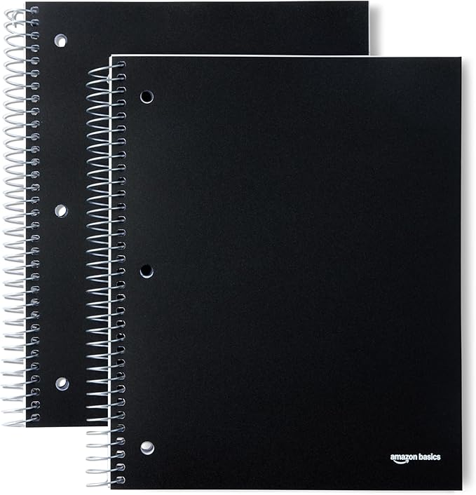 Amazon Basics Wide College Ruled 3-Subject Notebook, Poly Cover, 8.5" x 10.5", 150 Sheets, Black, 2-Pack