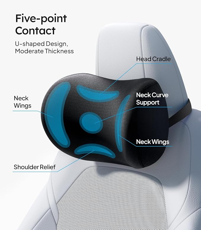 Wigoo 2026 Car Neck Pillow and Lumbar Support Pillow for Car Kit [Ergonomic Design, Pressure Relief] Soft Car Headrest Pillow Back Cushion with Adjustable Strap, Fits All Vehicles (Black)