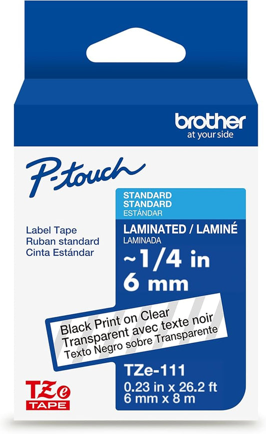 Brother Genuine P-Touch TZe Black Print on Clear Label Tape (TZe111), Laminated,1/4in x 26.2ft (6mm x 8m), for Select P-Touch Label Makers, Durable, Water-Resistant, Indoor/Outdoor Use