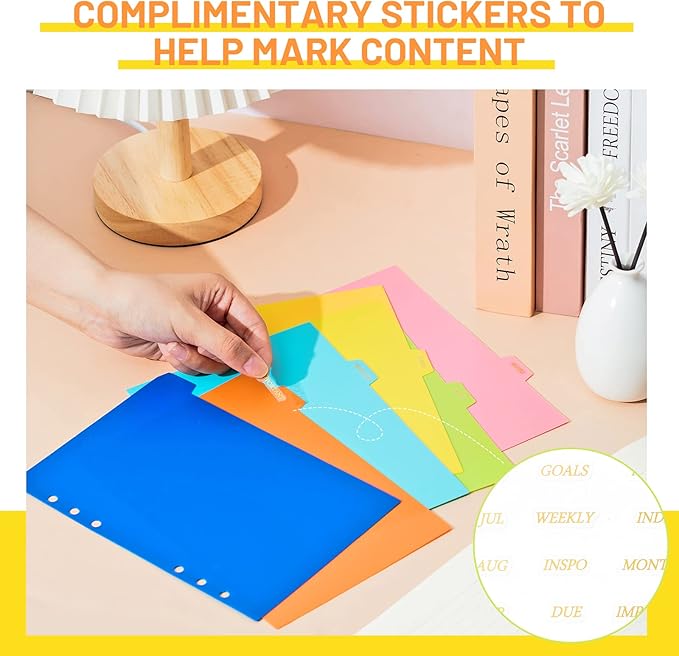32 Pcs A5 Index Divider 6 Hole Binder Dividers 8.27 x 5.83 Inch 8 Colors Plastic Binder Dividers with Gold Month Stickers for Notebook Loose Leaf Binders Travel Diary Journal Planner