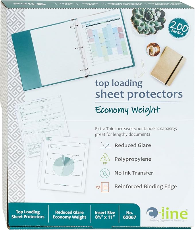 C-Line Top Loading Economy Weight Poly Sheet Protectors, Reduced Glare, 8.5 x 11 Inches, 200 per Box (62067)