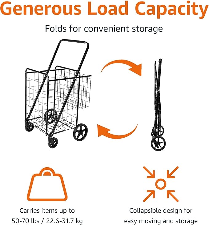 Amazon Basics Foldable Collapsible Shopping Utility Cart with 360-Degree Wheels, Multi-Functional for Sports, Easy Assembly, X-Large, Black