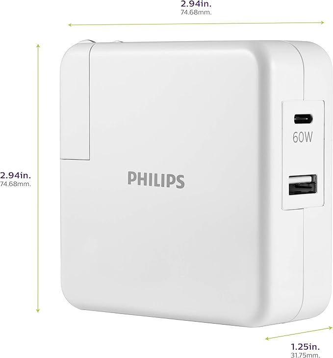 Philips iPhone Charger Fast Charging, 60W USB C 2-Port USB C Charging Block, Foldable Fast Wall Charger for iPhone 16 Series, 15 Series, iPad Pro, White DLP2607Q/37